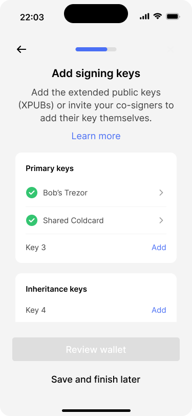 Screen showing that two of the six required keys have been imported.